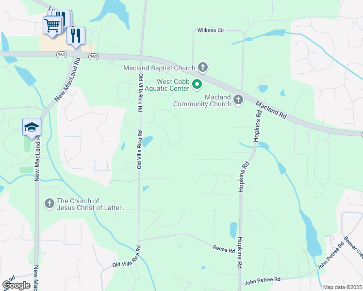map of restaurants, bars, coffee shops, grocery stores, and more near 3750 Thackary Drive in Powder Springs