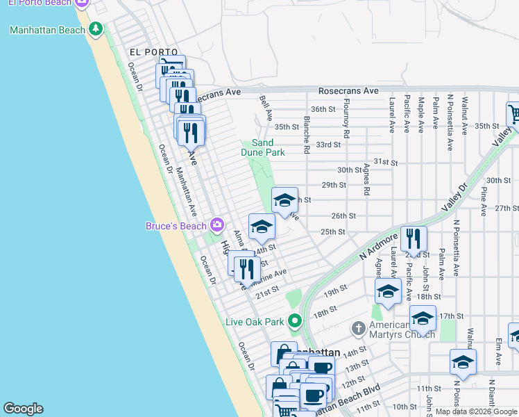map of restaurants, bars, coffee shops, grocery stores, and more near 469 27th Street in Manhattan Beach