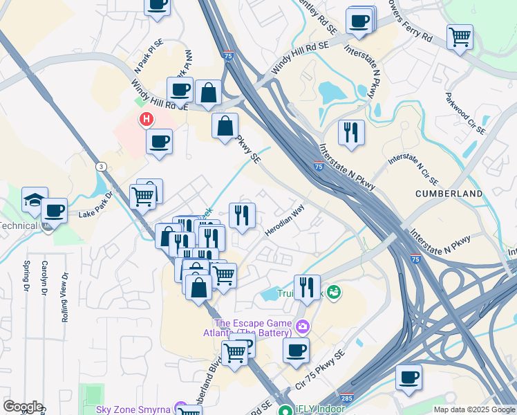 map of restaurants, bars, coffee shops, grocery stores, and more near 2726 Avington Lane in Smyrna