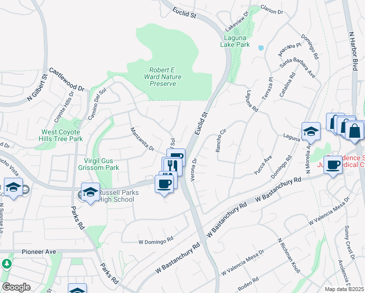 map of restaurants, bars, coffee shops, grocery stores, and more near 2316 Mesa Verde in Fullerton