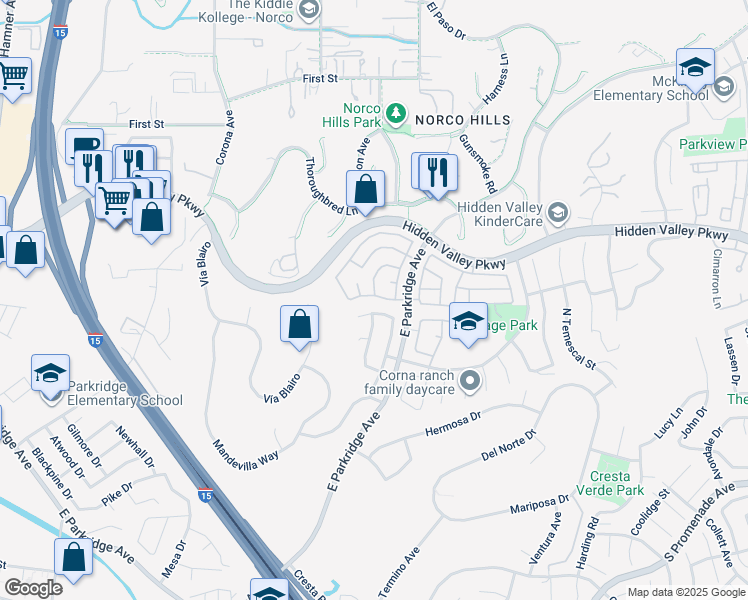 map of restaurants, bars, coffee shops, grocery stores, and more near 1246 Mirasol Lane in Corona