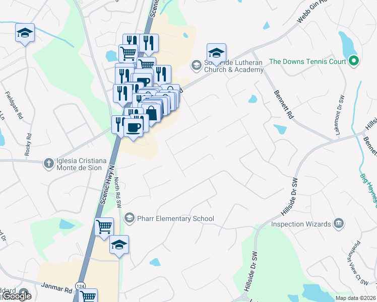 map of restaurants, bars, coffee shops, grocery stores, and more near 1468 Wheeler Drive in Lawrenceville
