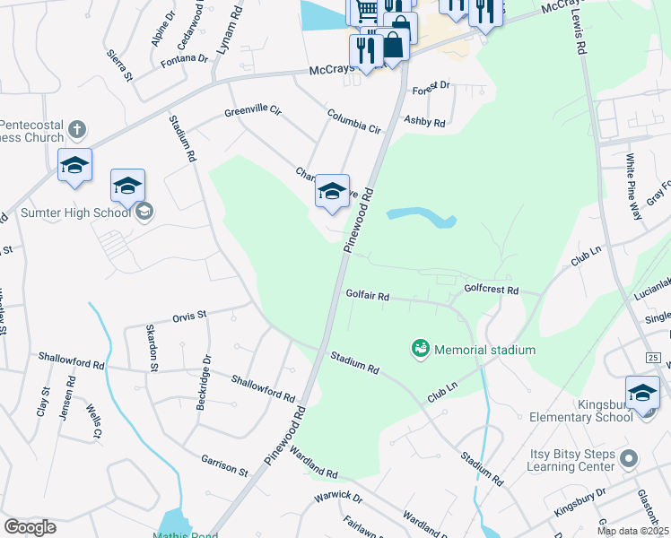 map of restaurants, bars, coffee shops, grocery stores, and more near 600 Pinewood Road in Sumter
