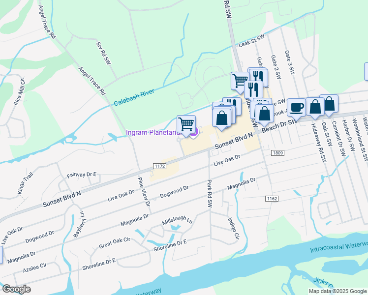 map of restaurants, bars, coffee shops, grocery stores, and more near in Sunset Beach