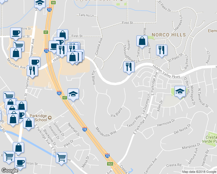map of restaurants, bars, coffee shops, grocery stores, and more near 895 Costa Brava Circle in Corona
