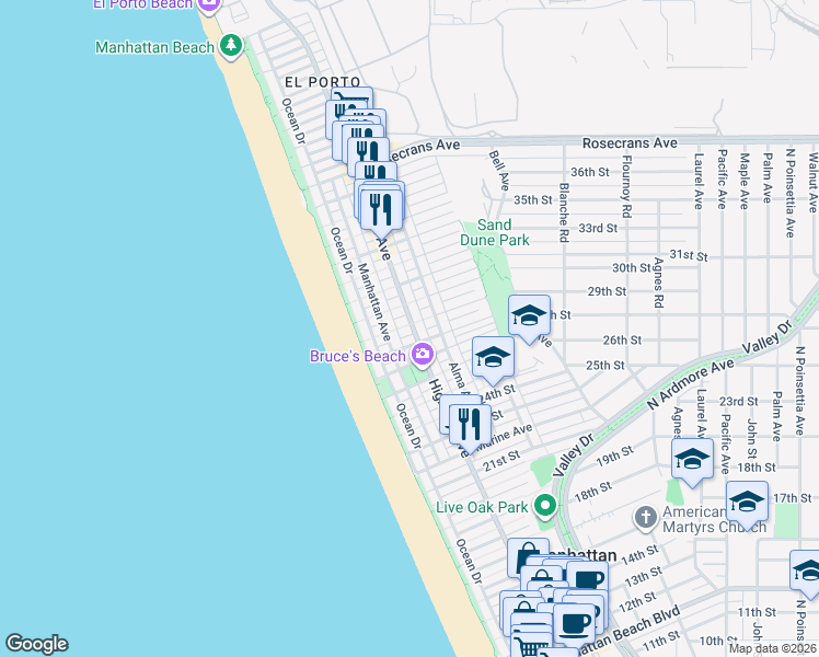 map of restaurants, bars, coffee shops, grocery stores, and more near 232 29th Street in Manhattan Beach