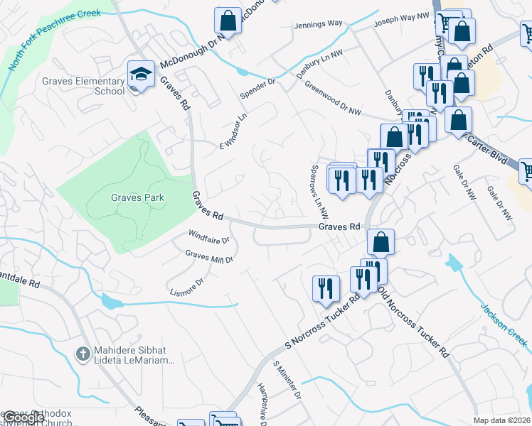 map of restaurants, bars, coffee shops, grocery stores, and more near 1701 Tree House Parkway in Norcross