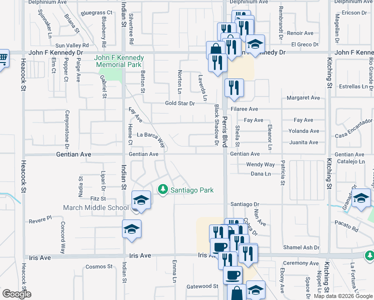 map of restaurants, bars, coffee shops, grocery stores, and more near 24841 Quenada Drive in Moreno Valley