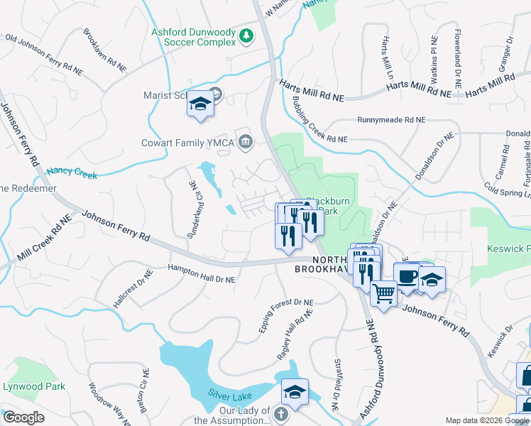 map of restaurants, bars, coffee shops, grocery stores, and more near 1411 Ashford Creek Circle Northeast in Atlanta