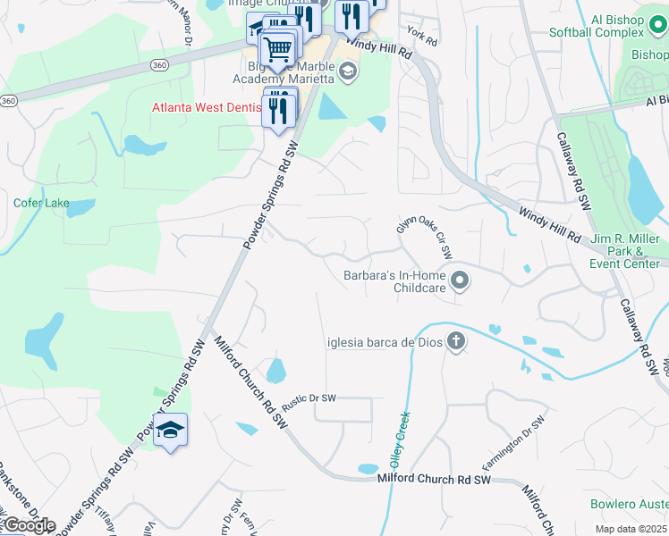 map of restaurants, bars, coffee shops, grocery stores, and more near 2356 Loren Falls Lane Southwest in Marietta