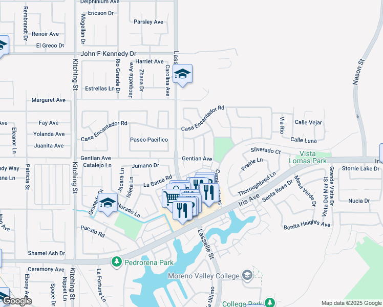 map of restaurants, bars, coffee shops, grocery stores, and more near 15475 Brasa Lane in Moreno Valley
