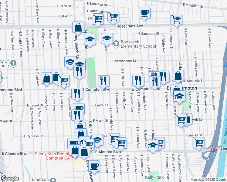 map of restaurants, bars, coffee shops, grocery stores, and more near 115 South Pannes Avenue in Compton