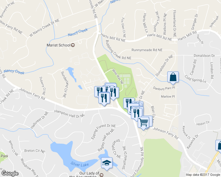 map of restaurants, bars, coffee shops, grocery stores, and more near 3564 Ashford Dunwoody Road Northeast in Atlanta