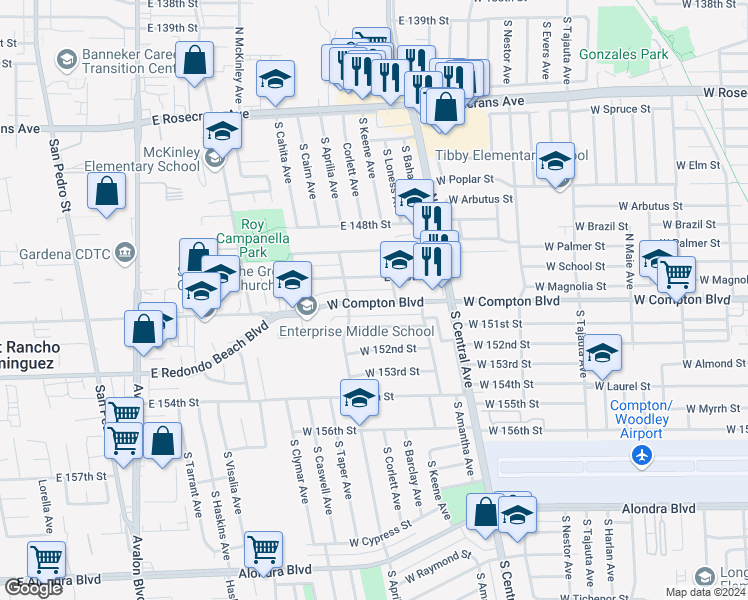 map of restaurants, bars, coffee shops, grocery stores, and more near 2305 West Compton Boulevard in Compton
