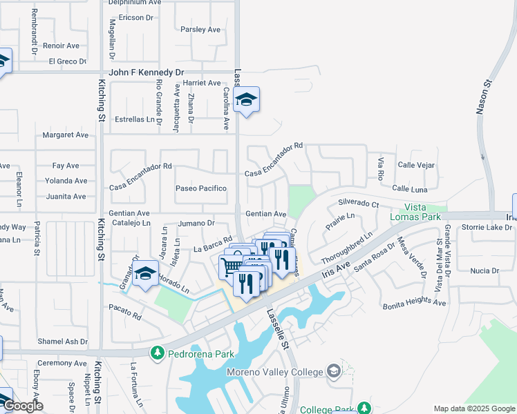 map of restaurants, bars, coffee shops, grocery stores, and more near 15475 Brasa Lane in Moreno Valley