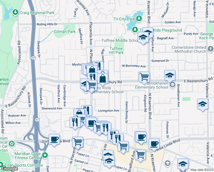 map of restaurants, bars, coffee shops, grocery stores, and more near 1837 Stanley Avenue in Placentia