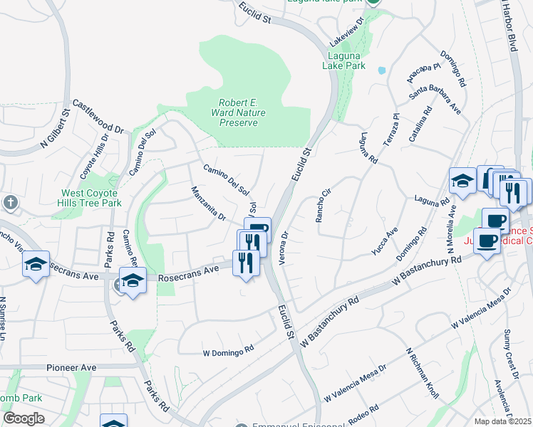 map of restaurants, bars, coffee shops, grocery stores, and more near 2316 Mesa Verde in Fullerton
