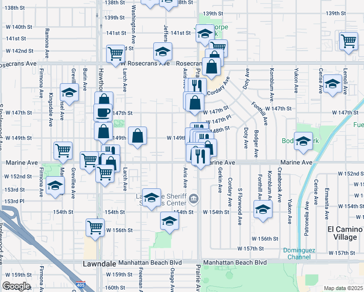 map of restaurants, bars, coffee shops, grocery stores, and more near 15001 Avis Avenue in Lawndale