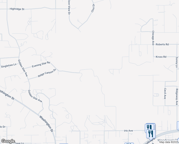 map of restaurants, bars, coffee shops, grocery stores, and more near 17295 Ridge Canyon Drive in Riverside