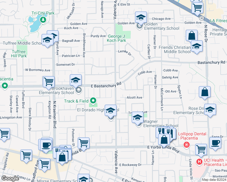 map of restaurants, bars, coffee shops, grocery stores, and more near 1826 Browerwoods Place in Placentia