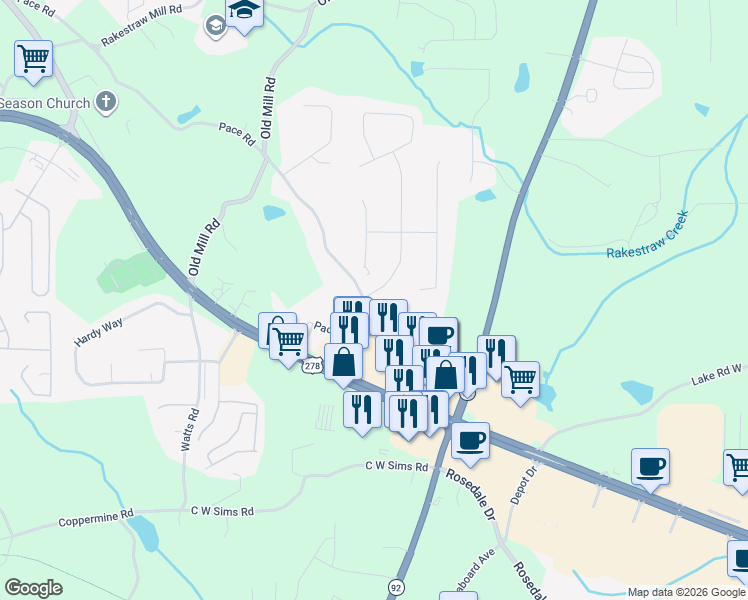 map of restaurants, bars, coffee shops, grocery stores, and more near 14 Pace Drive in Hiram