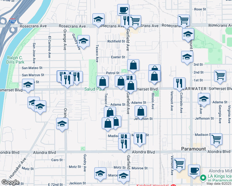 map of restaurants, bars, coffee shops, grocery stores, and more near 7341 Adams Street in Paramount