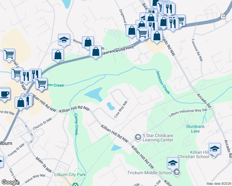 map of restaurants, bars, coffee shops, grocery stores, and more near 4472 Sheila Court Northwest in Lilburn