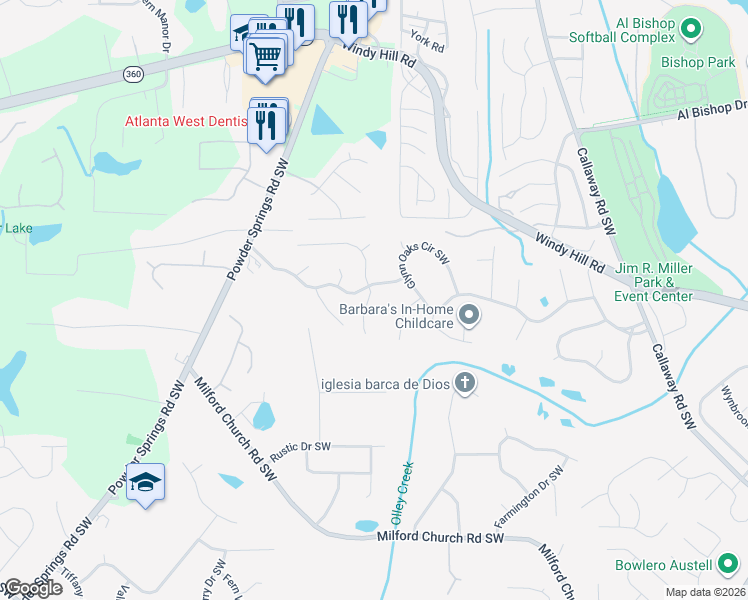 map of restaurants, bars, coffee shops, grocery stores, and more near 2385 June Springs Drive Southwest in Marietta