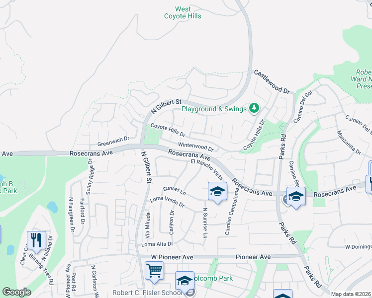 map of restaurants, bars, coffee shops, grocery stores, and more near 2124 Winterwood Drive in Fullerton