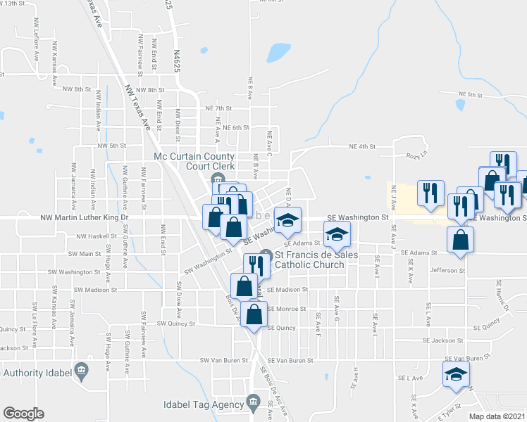 map of restaurants, bars, coffee shops, grocery stores, and more near 160 East Main Street in Idabel