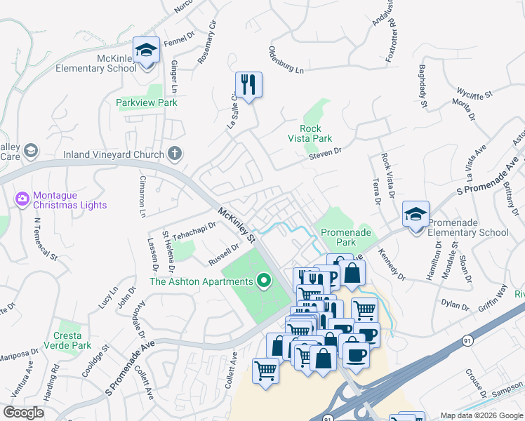 map of restaurants, bars, coffee shops, grocery stores, and more near 2225 Indigo Hills Drive in Corona