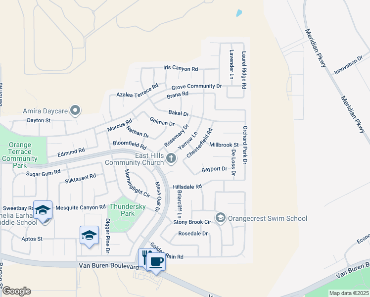 map of restaurants, bars, coffee shops, grocery stores, and more near 8518 Yarrow Lane in Riverside