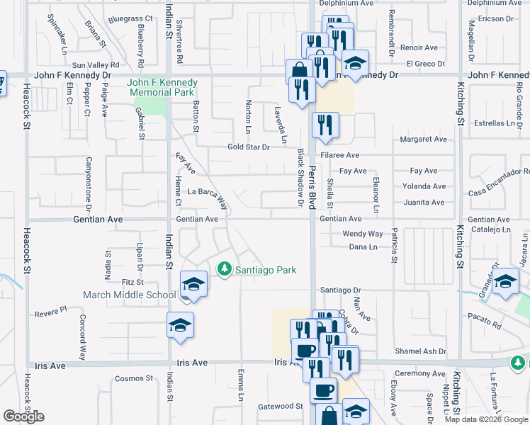 map of restaurants, bars, coffee shops, grocery stores, and more near 24841 Quenada Drive in Moreno Valley
