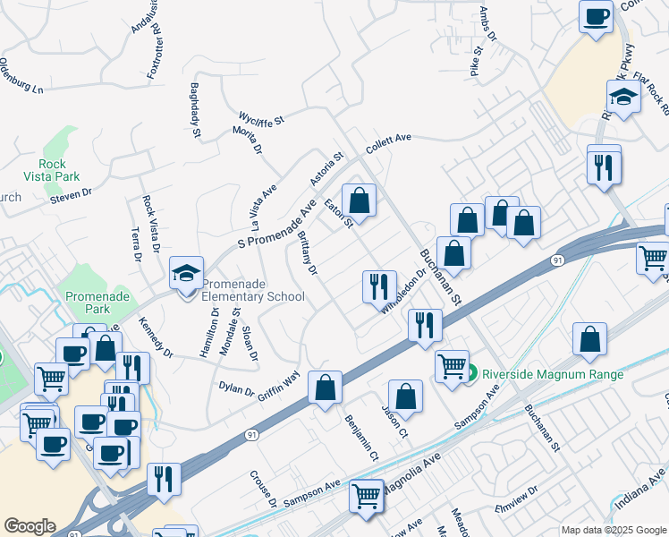 map of restaurants, bars, coffee shops, grocery stores, and more near 2940 Brunswick Circle in Corona