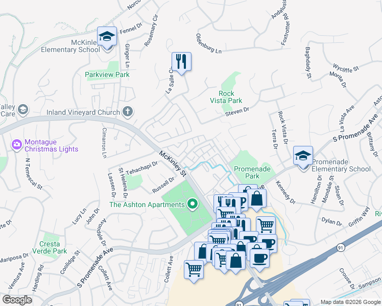 map of restaurants, bars, coffee shops, grocery stores, and more near 2225 Indigo Hills Drive in Corona
