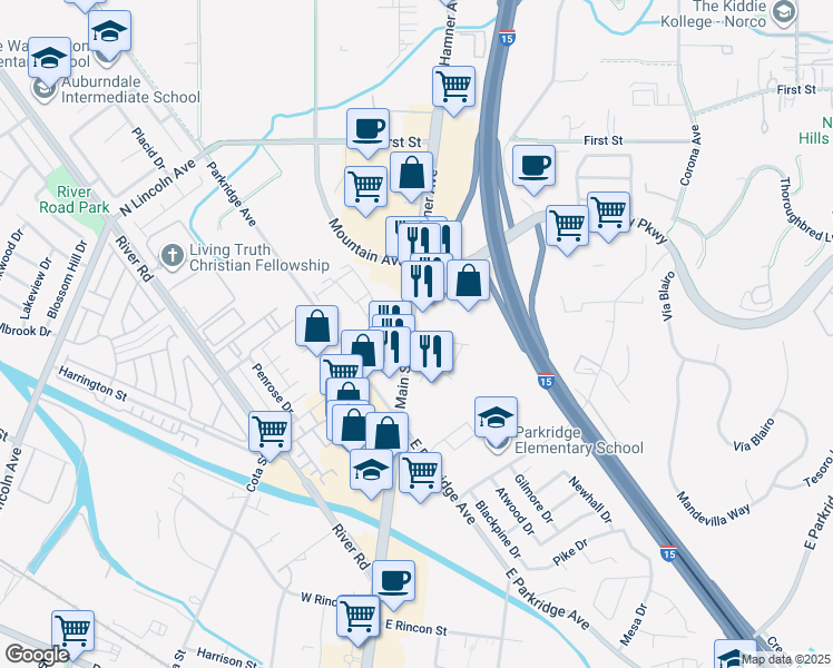 map of restaurants, bars, coffee shops, grocery stores, and more near 853 North Main Street in Corona