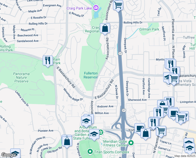 map of restaurants, bars, coffee shops, grocery stores, and more near 2592 Associated Road in Fullerton