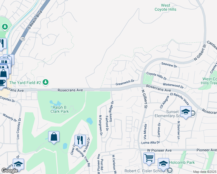 map of restaurants, bars, coffee shops, grocery stores, and more near 2519 Regency Circle in Fullerton
