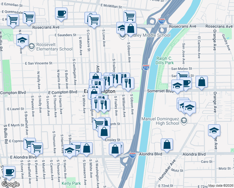 map of restaurants, bars, coffee shops, grocery stores, and more near 15120 South Frailey Avenue in Compton