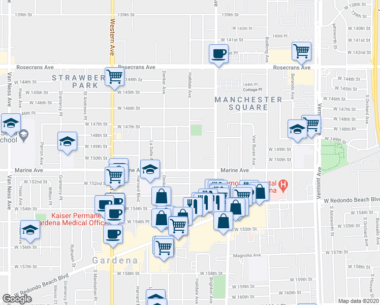 map of restaurants, bars, coffee shops, grocery stores, and more near 14928 Halldale Avenue in Gardena