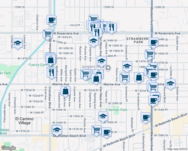map of restaurants, bars, coffee shops, grocery stores, and more near 15000 Spinning Avenue in Gardena