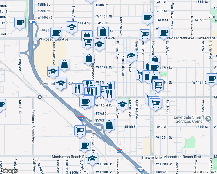 map of restaurants, bars, coffee shops, grocery stores, and more near 14928 Condon Avenue in Lawndale