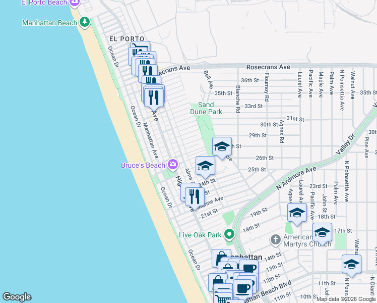 map of restaurants, bars, coffee shops, grocery stores, and more near 328 28th Street in Manhattan Beach
