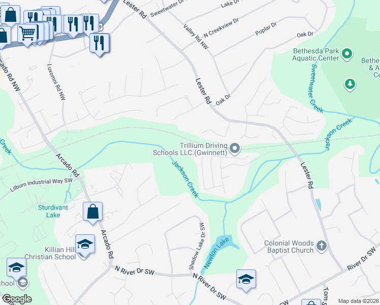map of restaurants, bars, coffee shops, grocery stores, and more near 4046 Jackson Shoals Court Southwest in Lawrenceville