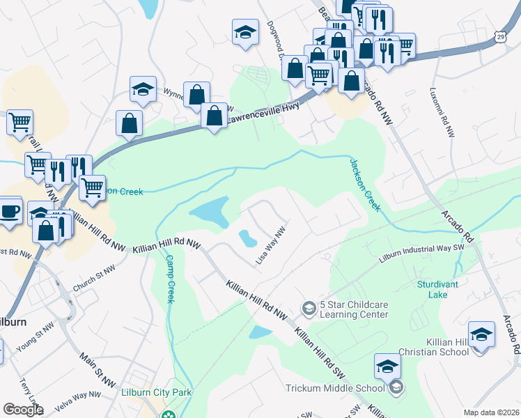 map of restaurants, bars, coffee shops, grocery stores, and more near 4472 Sheila Court Northwest in Lilburn
