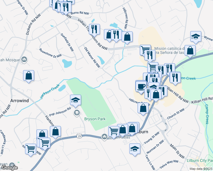 map of restaurants, bars, coffee shops, grocery stores, and more near 555 Holly Ridge Drive Northwest in Lilburn