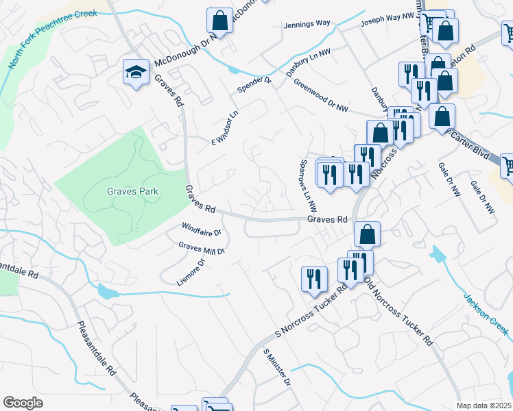 map of restaurants, bars, coffee shops, grocery stores, and more near 208 Tree House Parkway in Norcross