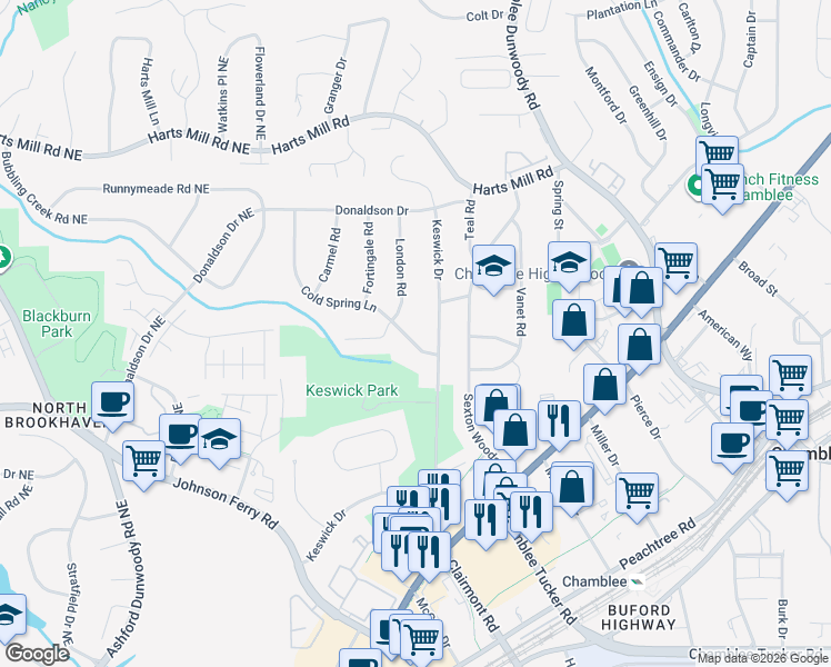 map of restaurants, bars, coffee shops, grocery stores, and more near 3566 Keswick Drive in Chamblee