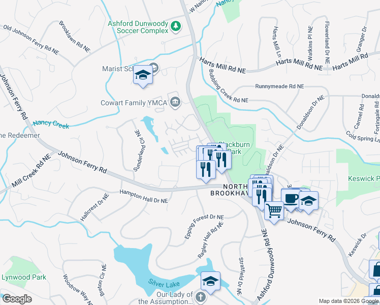 map of restaurants, bars, coffee shops, grocery stores, and more near 1411 Ashford Creek Circle Northeast in Atlanta