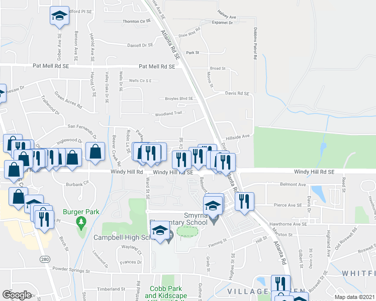 map of restaurants, bars, coffee shops, grocery stores, and more near 1000 Belmont Park Drive Southeast in Smyrna